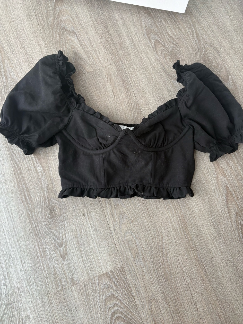 Astr Black Puff Sleeve Cropped Top with Ruffle Hem